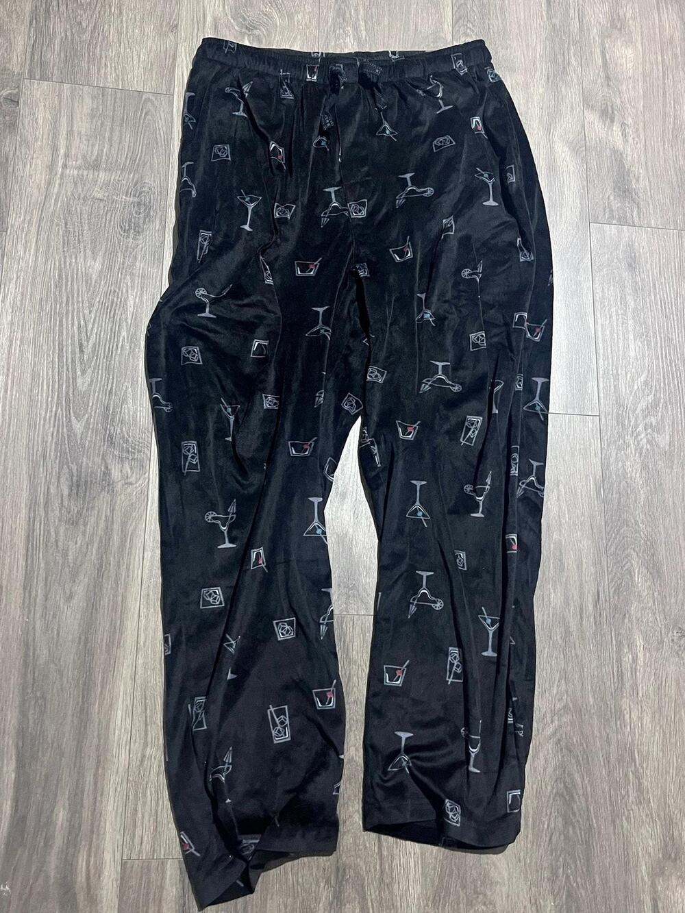 Perry Ellis Portfolio Pajama Pants Mens XL Black Velour Drawstring Graphic Print